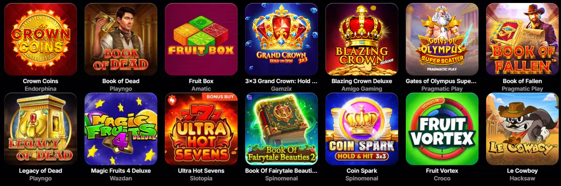 NV Casino sélection de machines à sous avec Crown Coins, Book of Dead, Fruit Box, Gates of Olympus Super Scatter, Fruit Vortex et Le Cowboy